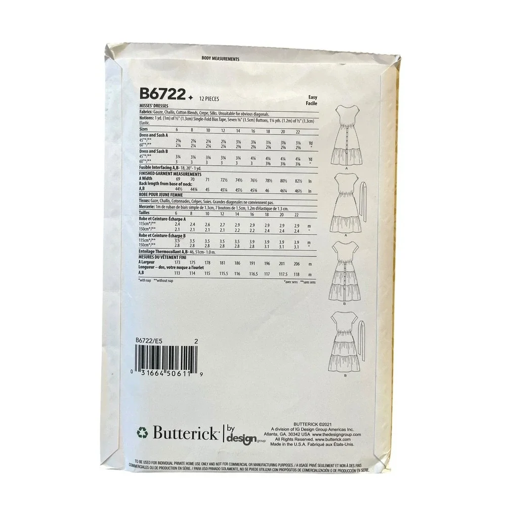Butterick B6722 Sewing Pattern Womens Size 14-22 Tiered Dress Easy Uncut